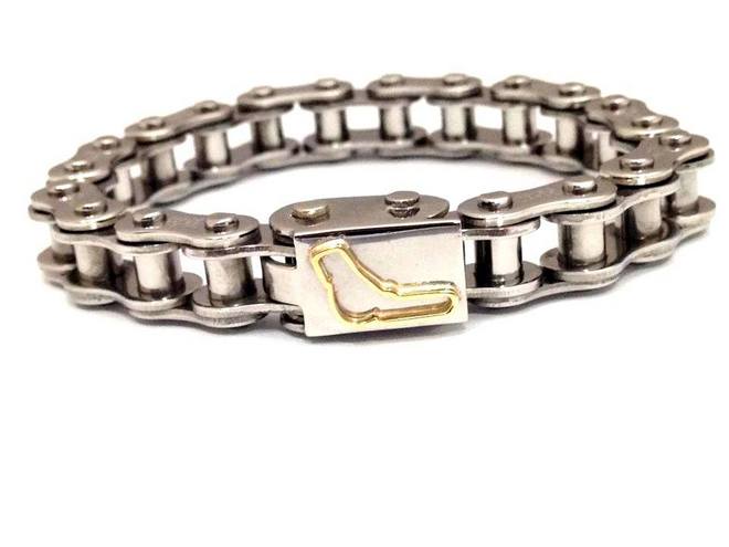Stainless steel motorbike bracelet  with Monza circuit made of yellow gold 18 Kt