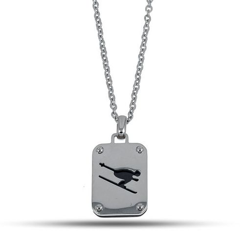 Stainless steel necklace with rectangular pendant with skier