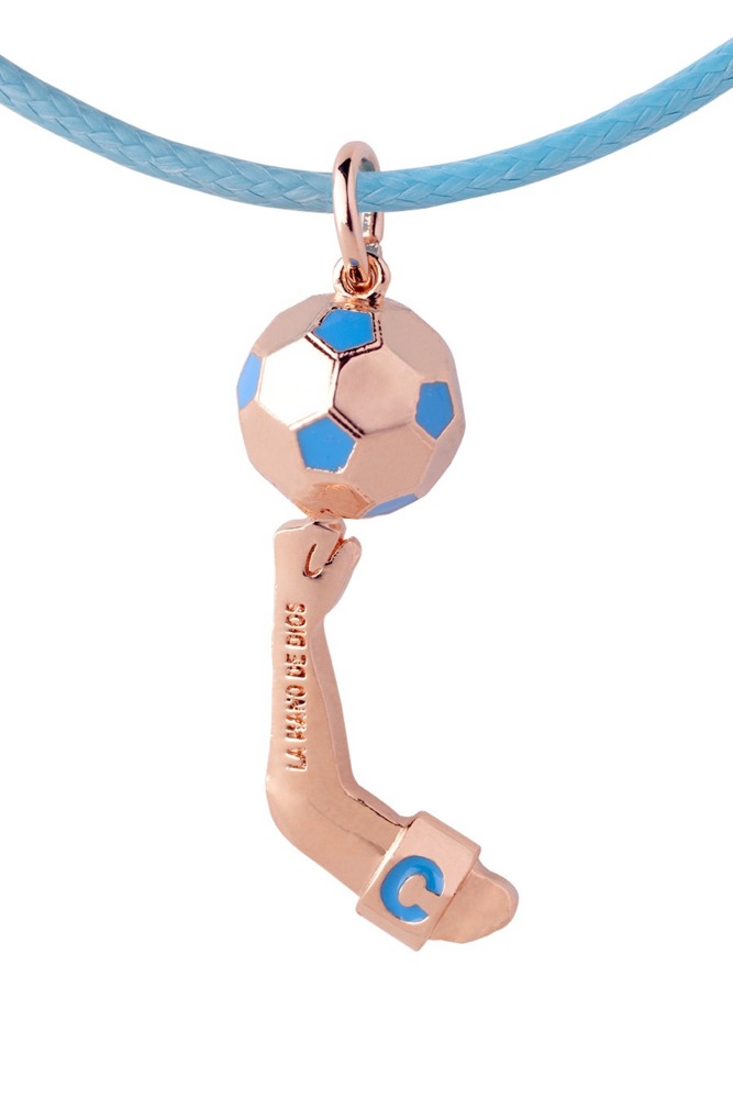Pendant with engraving  La Mano de Dios  in 18kt rose gold plated bronze and blue cord  