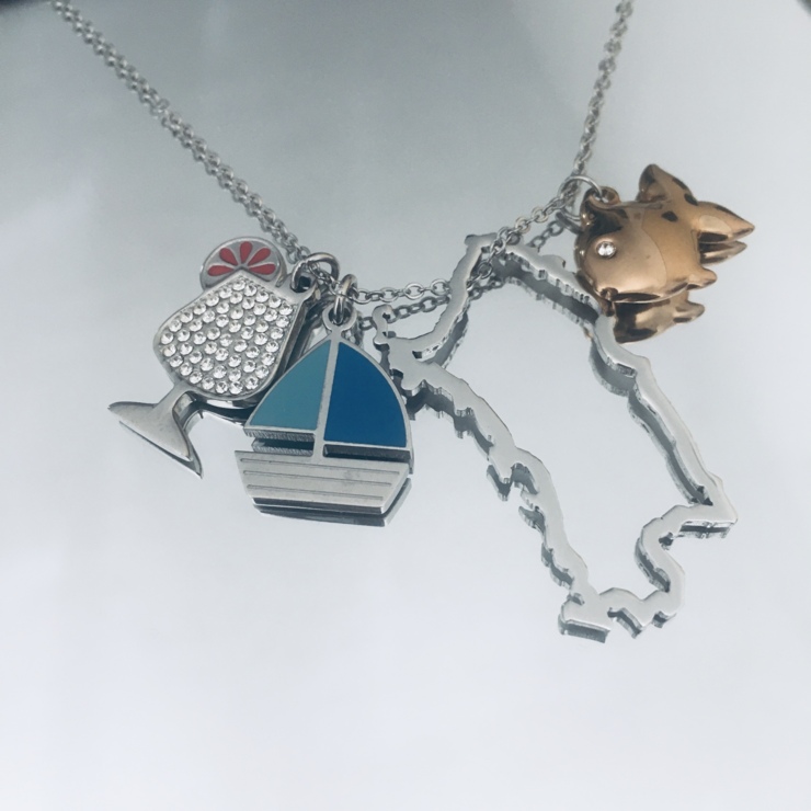 Sardinia necklace, Cocktail, sailing boat, stainless steel fish