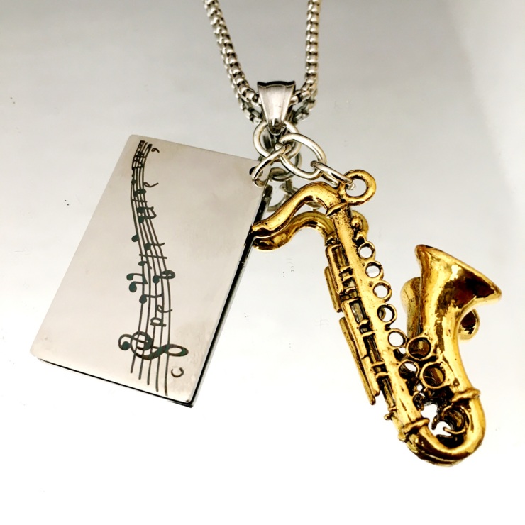 Necklace with gold-plated Sax and customizable stainless steel score