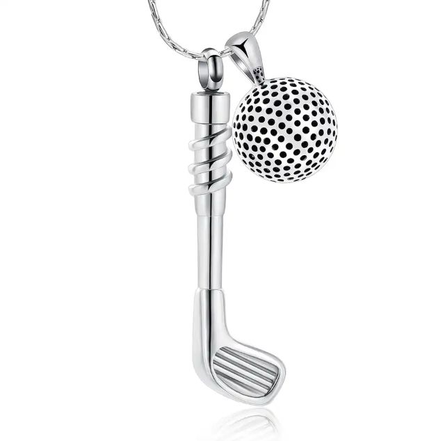 Customizable 18kt white gold golf club and ball necklace