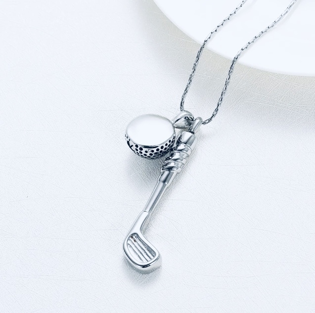 Customizable 18kt white gold golf club and ball necklace  
