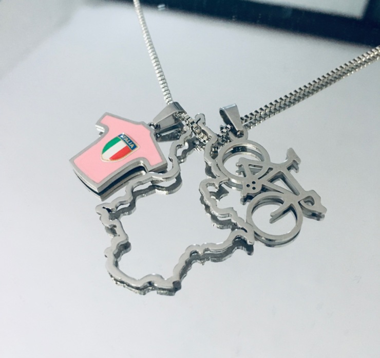 Necklace with Pink Jersey, Silhouette of Piedmont, Stainless Steel racing bike