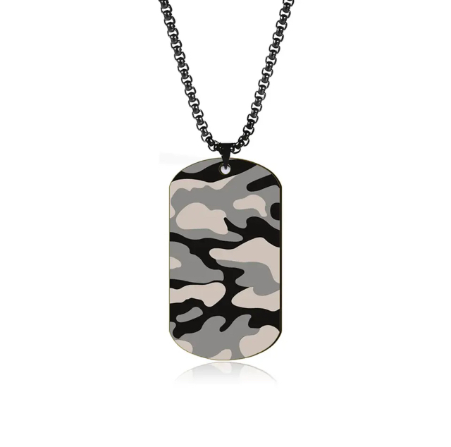 Necklace with black camouflage military plate in stainless steel