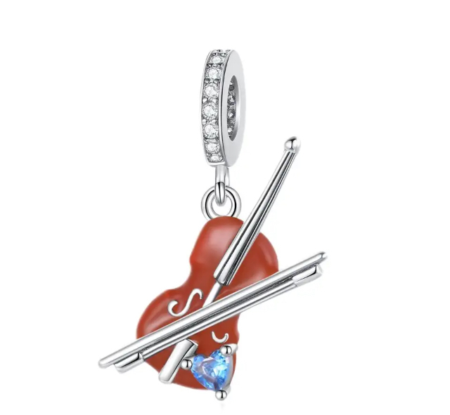 Violin charm pendant in sterling silver with zircons