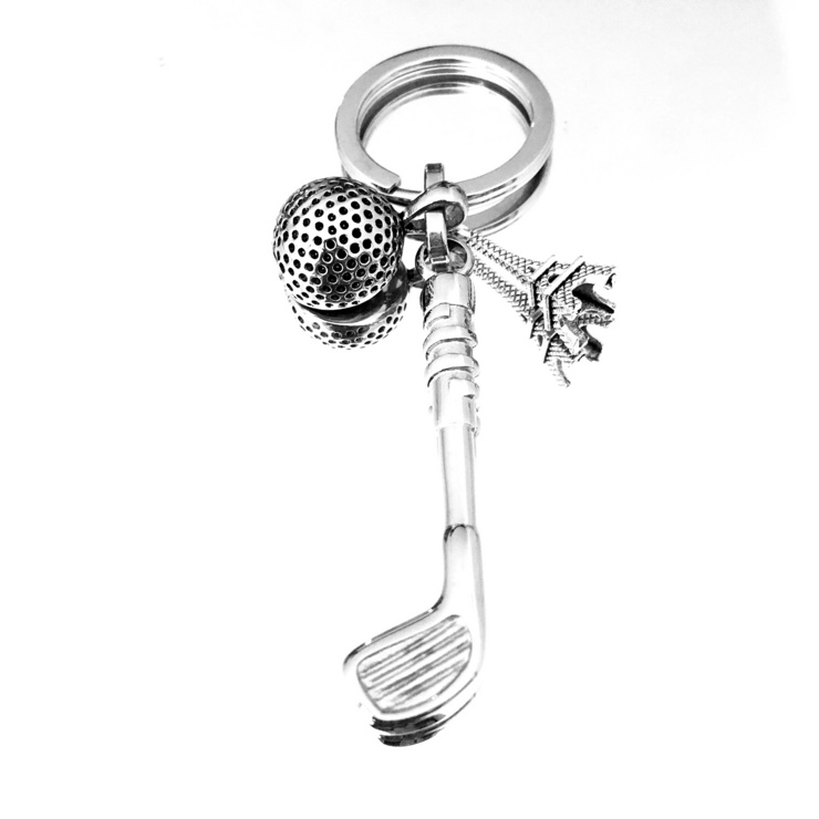 Key ring with Eiffel Tower, stainless steel golf club and ball