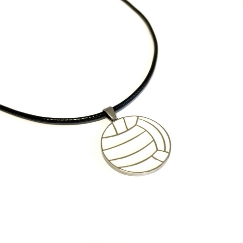 Collier pendentif ballon de volley-ball en acier et émail blanc