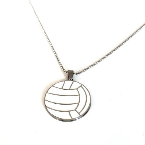 Collar con colgante de pelota de voleibol en acero y esmalte blanco y cadena de bolas