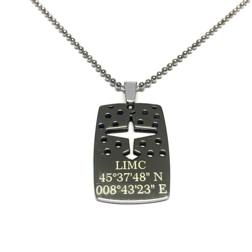 Stainless Steel Airlplane Necklace with Coordinates LIMC MALPENSA