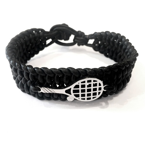 Handmade Black Leather Bracelet with stainless steel tennis racket
