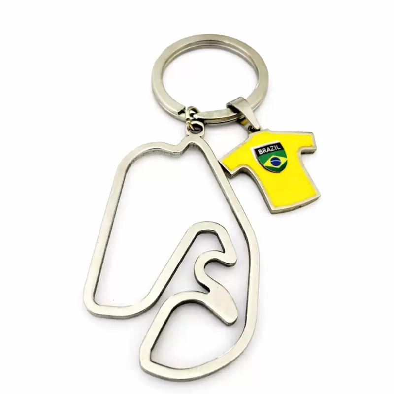 Llavero con circuito de Interlagos y charm de camiseta de Brasil en acero