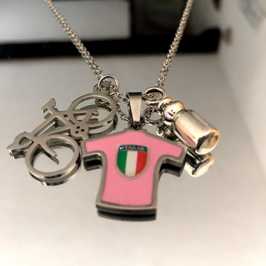 Stainless Steel Necklace with racing bike, pink shirt,water bottle  