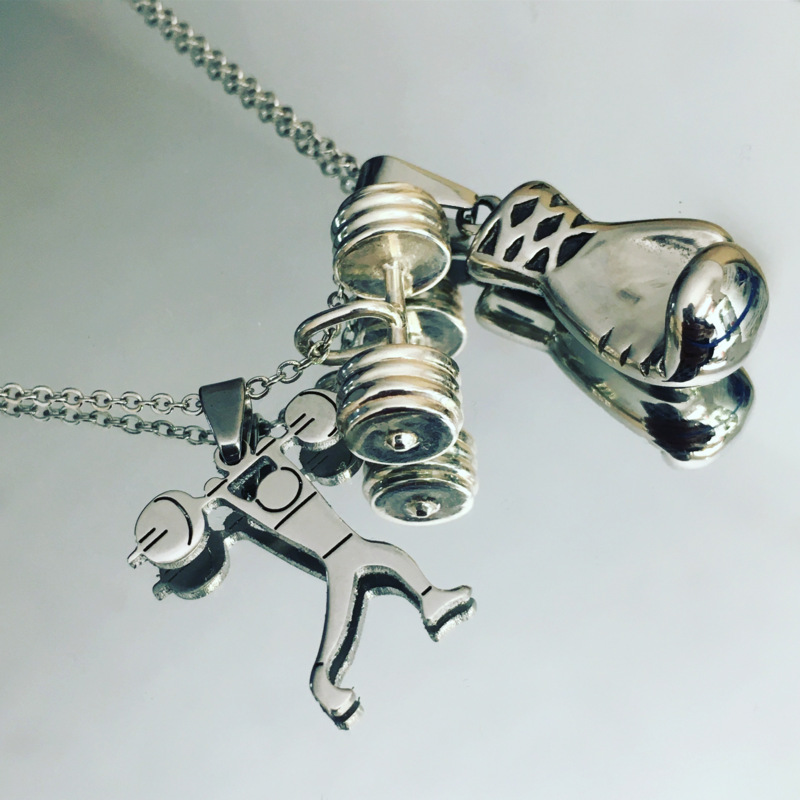 Collana con Alzatore di pesi,manubri da palestra,guantone boxe in acciaio