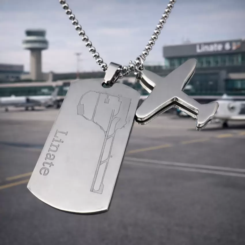 Collana con Aeroporto di Linate e aereo in acciaio  