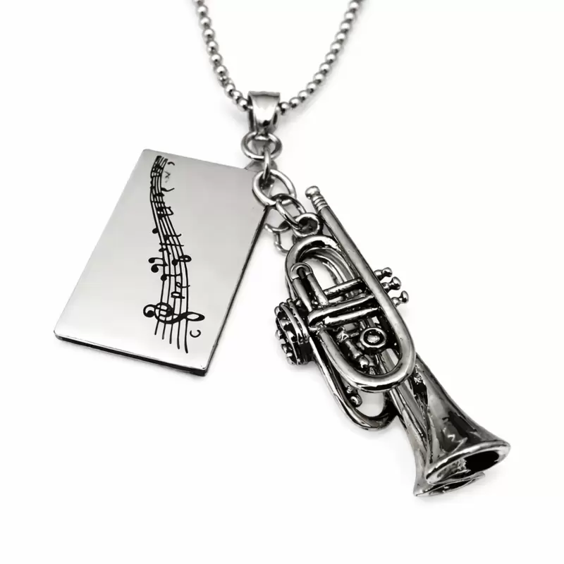 Collier avec trompette et partition musicale personnalisable en acier