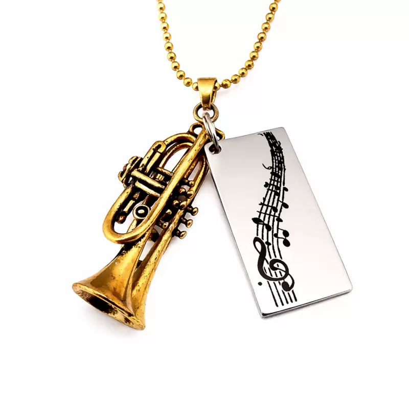 Collier trompette partition acier plaqu&eacute; or personnalisable