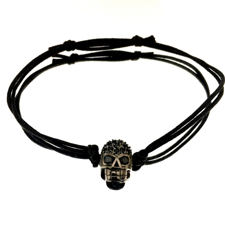 Bracelet avec tête de mort en argent 925 bruni et zircons noirs