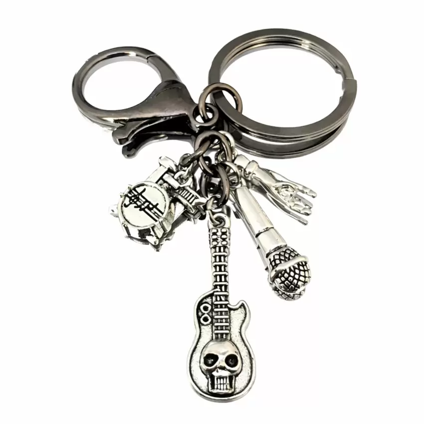 Schlüsselanhänger Rock-Schlagzeug, Gitarre, Totenkopf, Mikrofon, Stahlhörner  