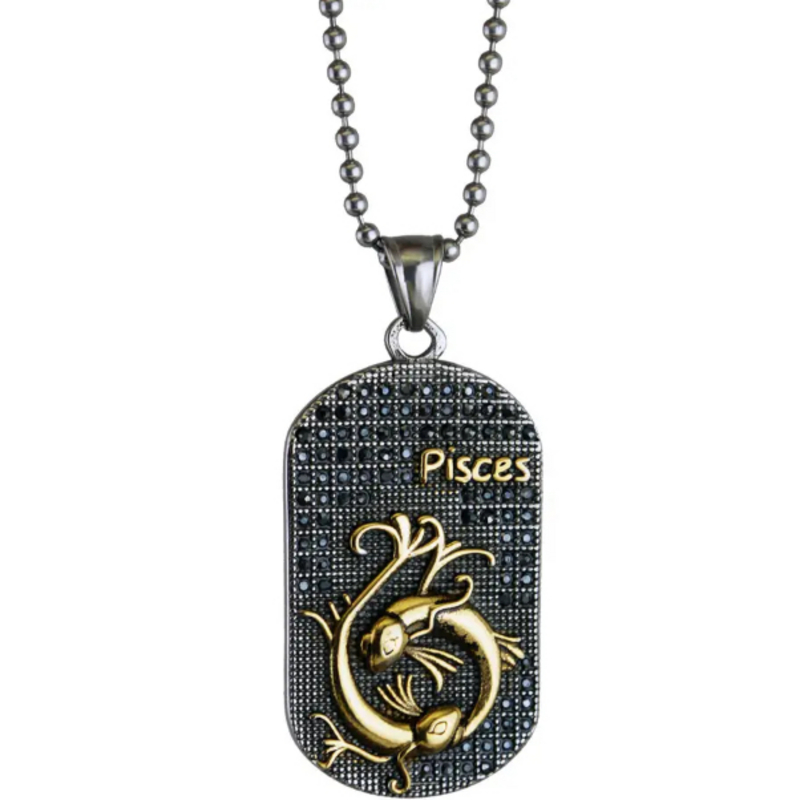 Collier avec signe du zodiaque POISSONS (20 février - 20 mars) en acier 316L plaqué or 14 carats, personnalisable
