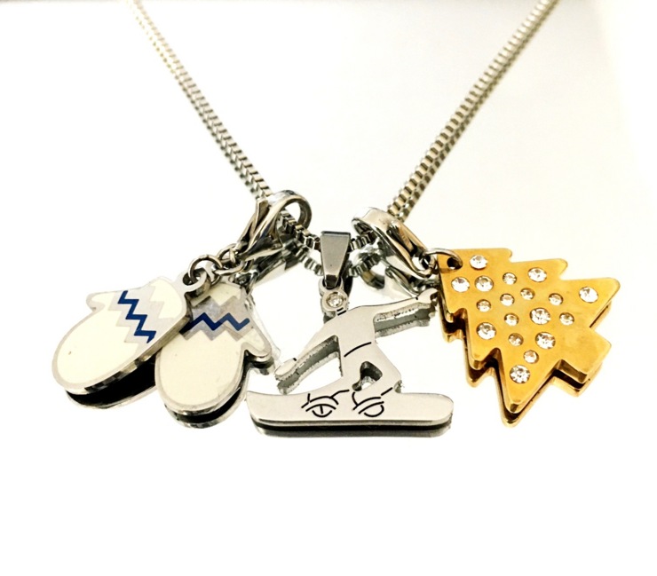 Collana Charms Snowboard con diamante,guanti da neve,albero di Natale in acciaio