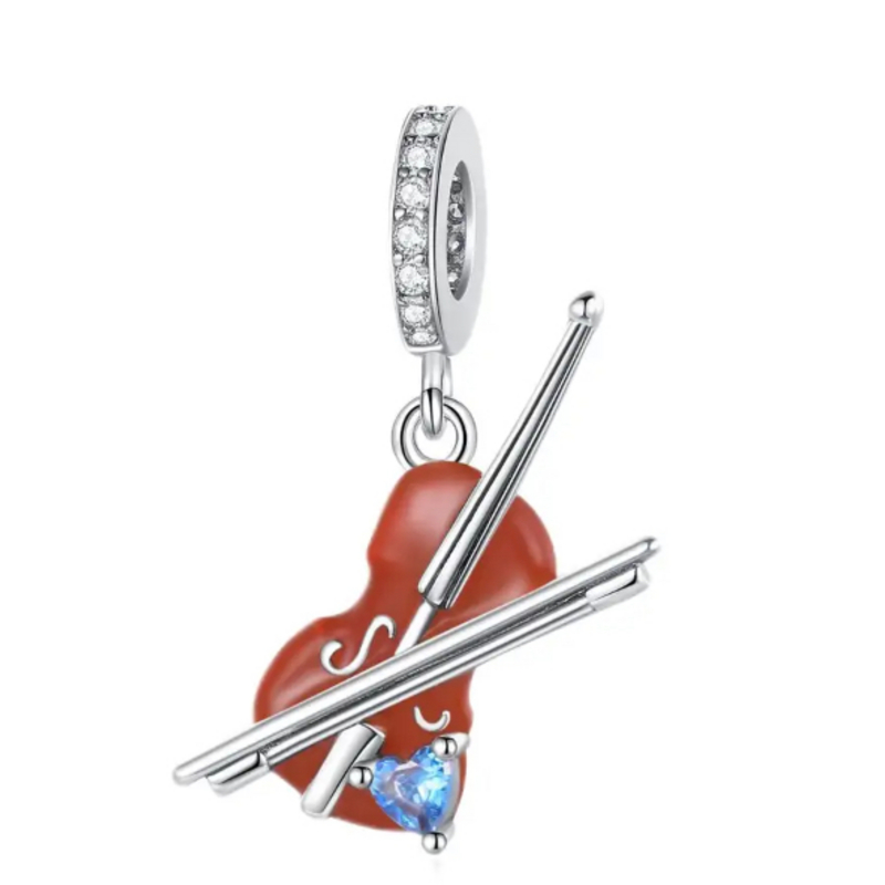 Ciondolo charm violino in argento sterling con zirconi 