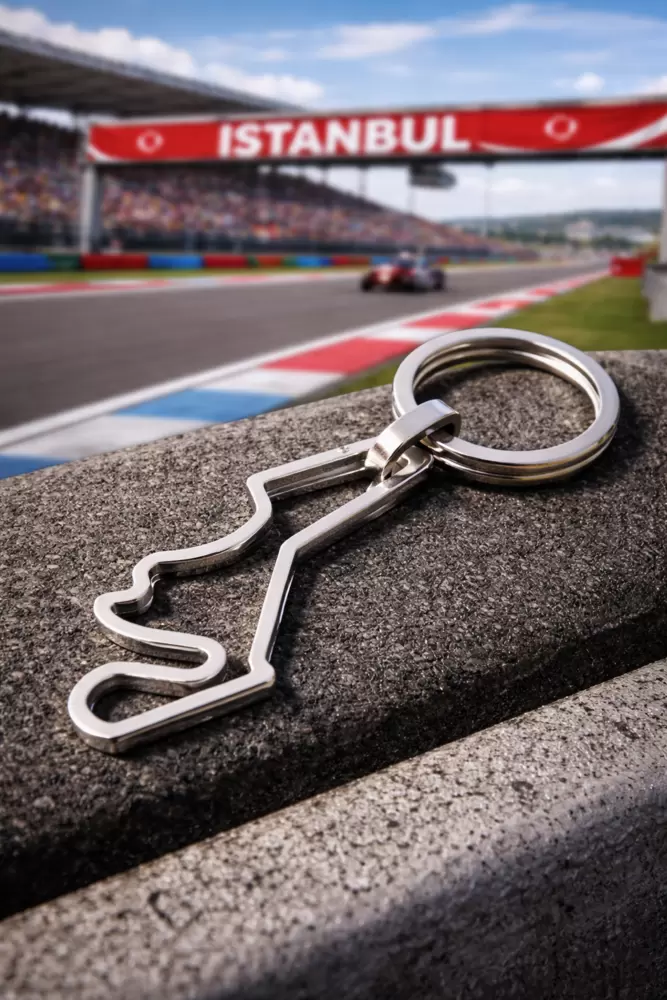 Schlüsselanhänger mit Istanbuler Rundkurs aus Stahl und Diamant am Anfang  