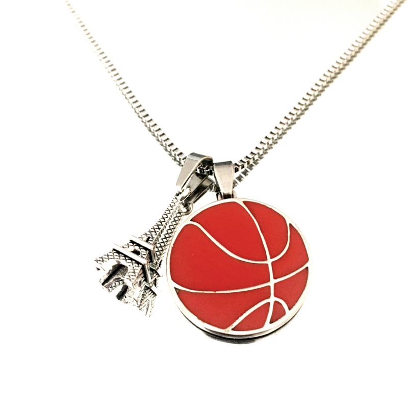Halskette mit Eiffelturm und Basketball aus Stahl