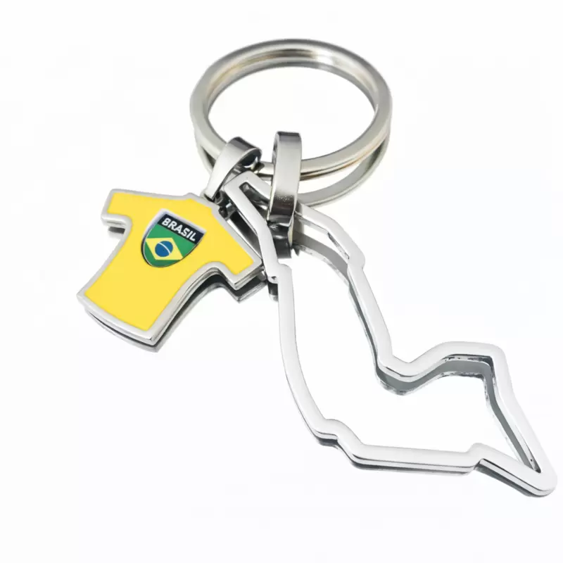 Schl&uuml;sselanh&auml;nger "Ayrton" aus Stahl mit Imola-Rennstrecke und Brasilien-Trikot