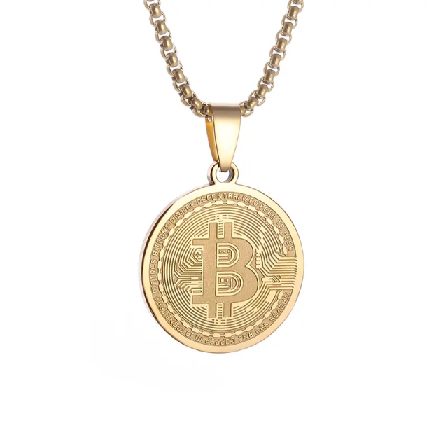 Collana Medaglia Moneta Bitcoin in acciaio placcato oro  