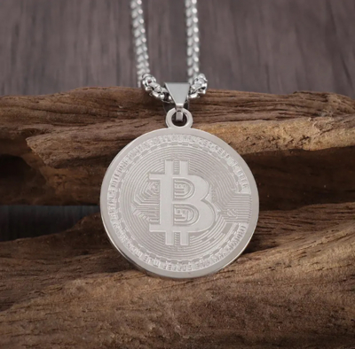 Collana Medaglia Moneta Bitcoin in acciaio 