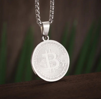 Collana Medaglia Moneta Bitcoin in acciaio 