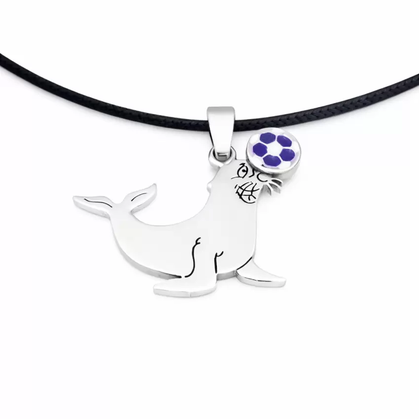 Pendente  La Foca Monaca  em aço Marco Nappi com bola de futebol esmaltada a branco e roxo  