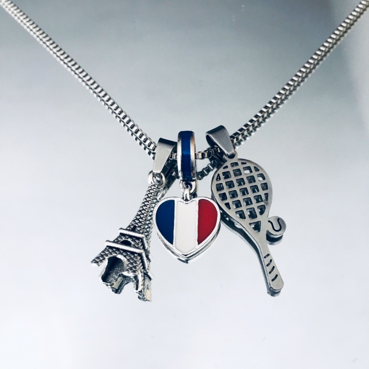 I LOVE PARIS 2024 necklace with Eiffel Tower, heart France flag, tennis racket
