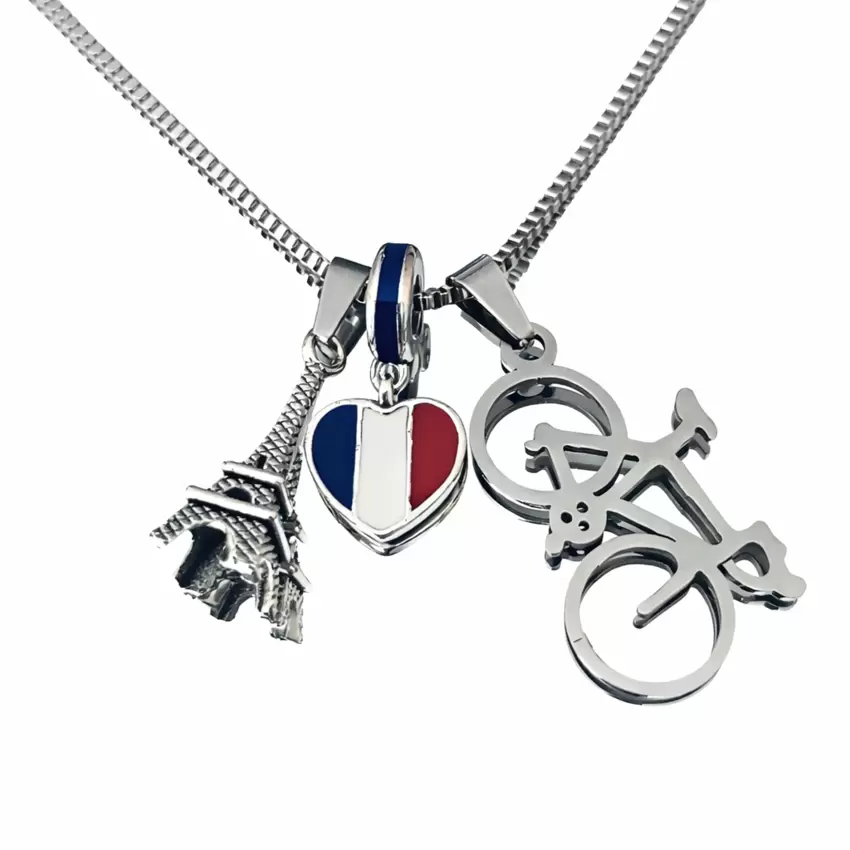 Colar I LOVE PARIS 2024 com Torre Eiffel, coração com bandeira de França, bicicleta de corrida  