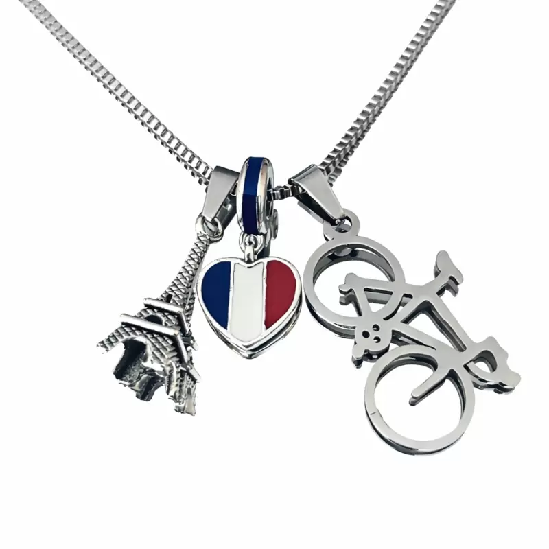 Collana I LOVE PARIS con Tour Eiffel,cuore bandiera Francia,bici da corsa