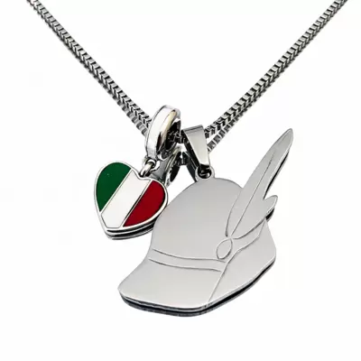 Collar I LOVE ALPINI de acero con sombrero y charm de corazón tricolor 