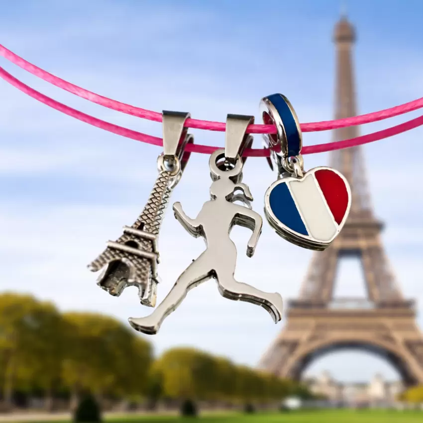 Collar charms Tour Eiffel, Chica corredora, corazón bandera francesa en acero  