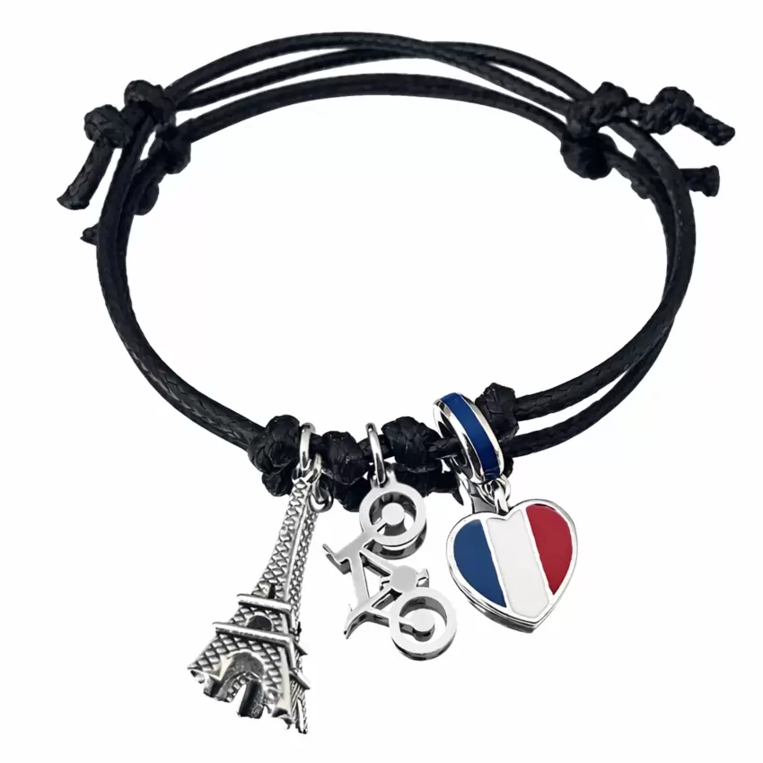 Pulseira Paris 2024 Torre Eiffel, bicicleta de montanha, coração com bandeira francesa em aço  