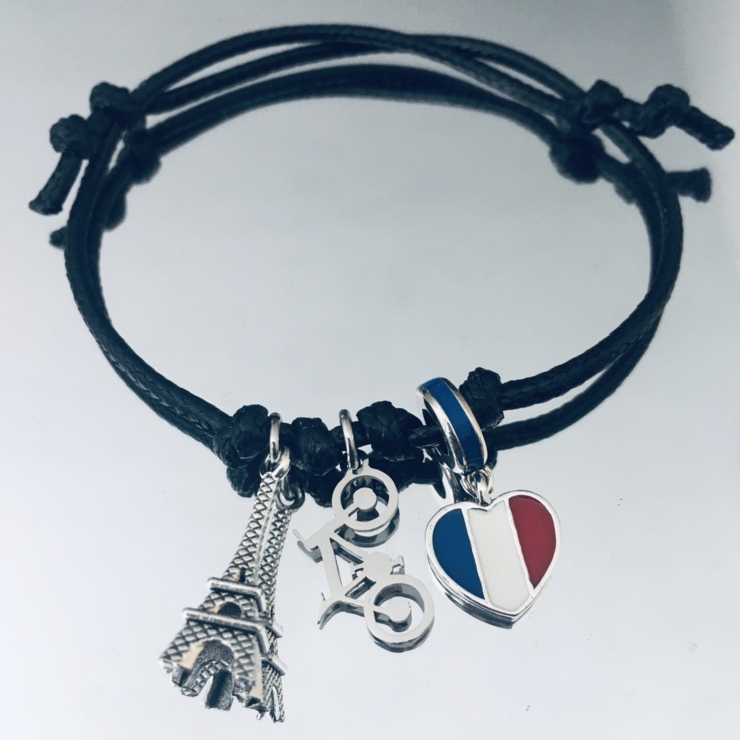 Paris 2024 bracelet with Eiffel Tower, mountain bike, heart with French flag in Stainless steel