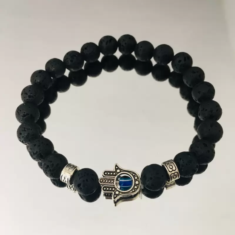 Simboli Yoga:bracciale elastico con pietra lavica e mano di Fatima