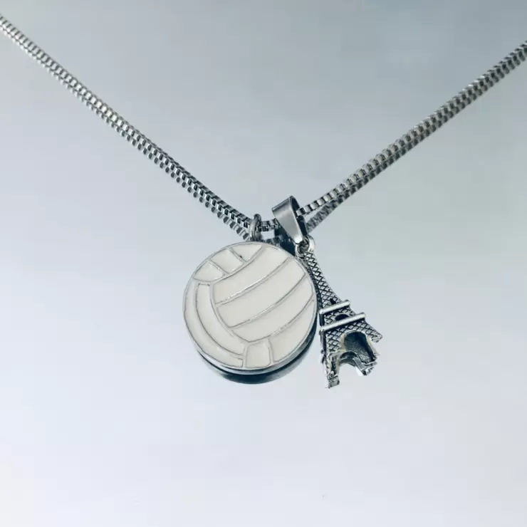 Collana con Tour Eiffel e pallone da pallavolo in acciaio