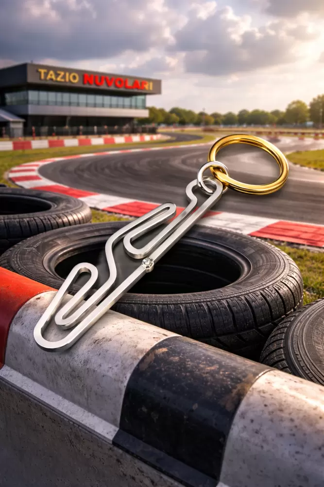 Motorsport keychain in 18kt gold with Tazio Nuvolari circuit silhouette and diamond at the start  