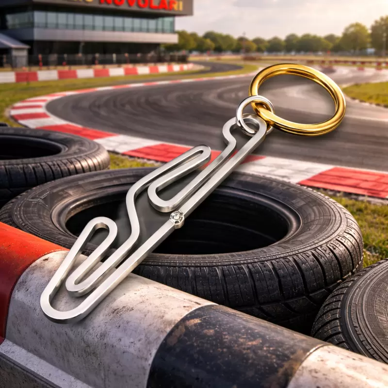 Portachiavi motorsport in oro 750 con silhouette circuito Tazio Nuvolari e diamante allo start