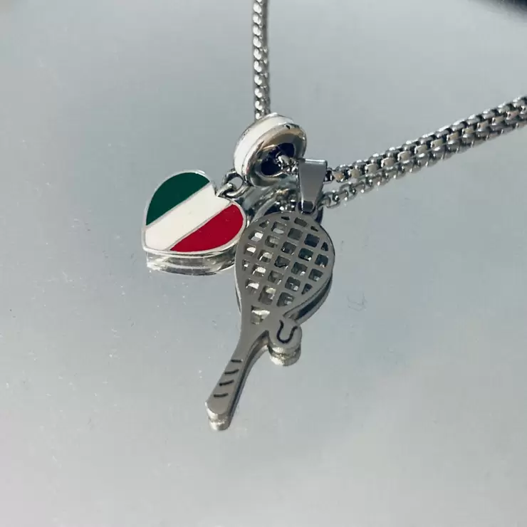 "Tennis Italy puts its heart into it" stainless steel necklace with charms