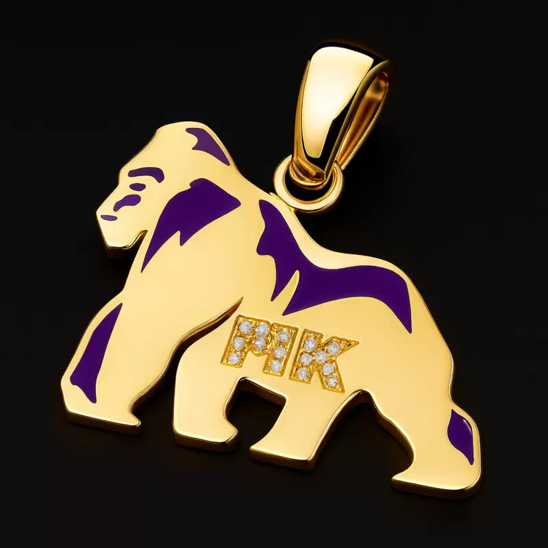Ciondolo gorilla in oro 18kt,smalto viola,iniziali MK incastonate di diamanti