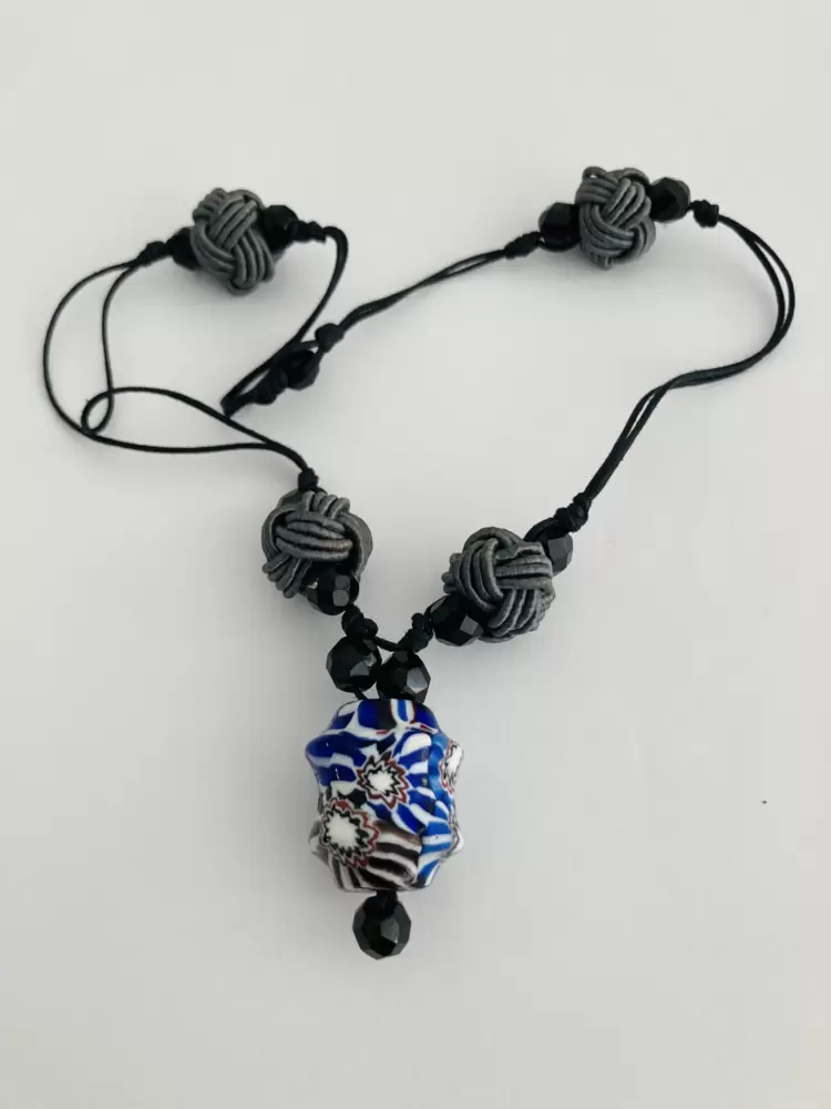 Necklace with black crystal,multicolor murrina knots monkey fist rayon  