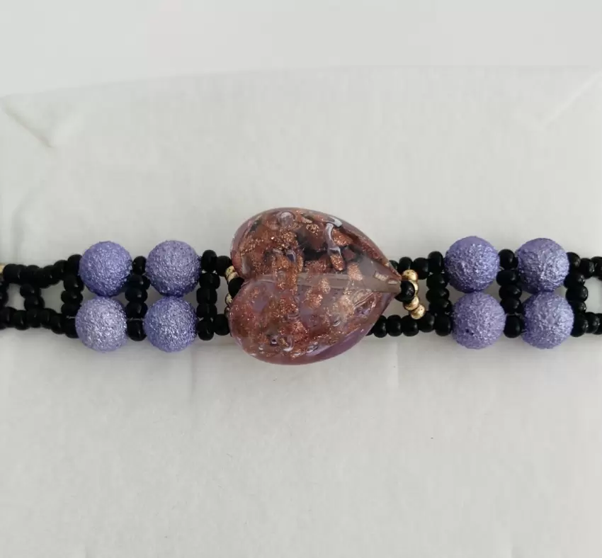 Braccialetto con murrina centrale a cuore foglia oro  