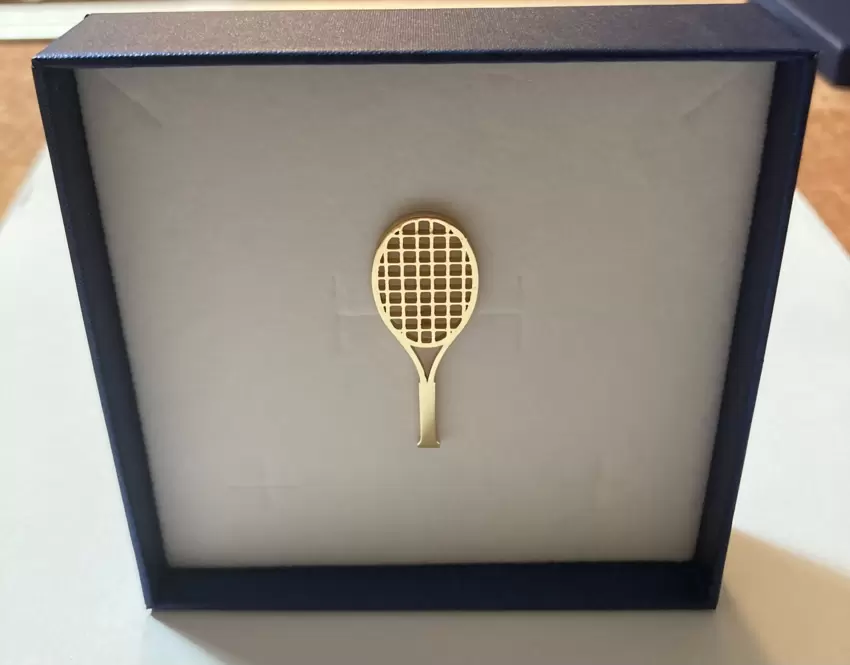 Gold plated stainless steel tennis racket jacket pin customizable on handle  