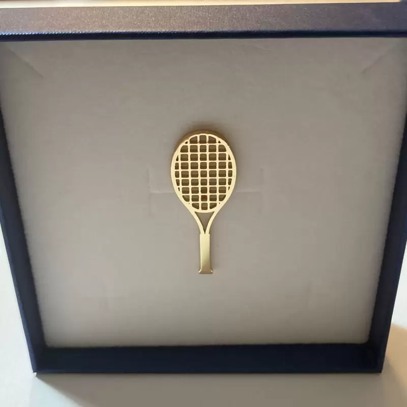 Gold plated stainless steel tennis racket jacket pin customizable on handle